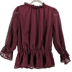 Mi Ami Lace Peplum Blouse S Red Ruffled High Neck Long Sleeves Dot Textured Work